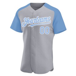 Maglia da baseball personalizzata autentica grigia con maniche raglan, blu-bianca, leggera Maglia da baseball personalizzata autentica grigia con maniche raglan, blu-bianca, leggera