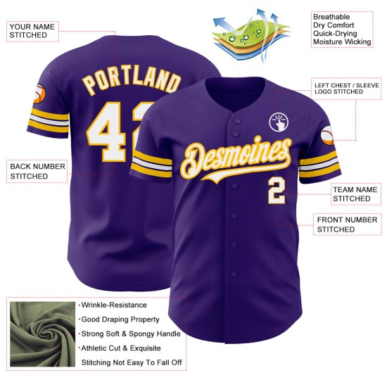 Maglia da baseball personalizzata autentica viola bianco-oro Maglia da baseball personalizzata autentica viola bianco-oro