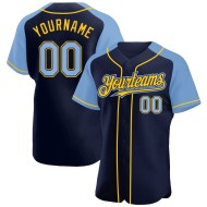 Maglia da baseball personalizzata leggera, autentica, con maniche raglan, blu-gialla, blu navy