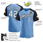 Maglia da baseball autentica con maniche raglan blu leggera personalizzata bianco-nero Maglia da baseball autentica con maniche raglan blu leggera personalizzata bianco-nero