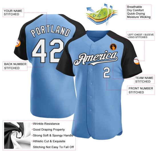 Maglia da baseball autentica con maniche raglan blu leggera personalizzata bianco-nero Maglia da baseball autentica con maniche raglan blu leggera personalizzata bianco-nero