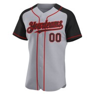 Maglia da baseball autentica, grigia, raglan, nera e rossa, maniche personalizzate Maglia da baseball autentica, grigia, raglan, nera e rossa, maniche personalizzate
