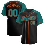 Maglia da baseball personalizzata autentica con maniche color verde acqua e arancio, raglan, nera Maglia da baseball personalizzata autentica con maniche color verde acqua e arancio, raglan, nera