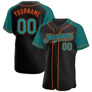 Maglia da baseball personalizzata autentica con maniche color verde acqua e arancio, raglan, nera