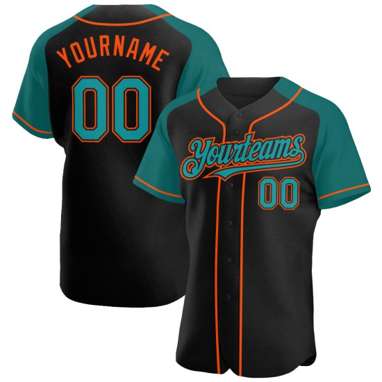 Maglia da baseball personalizzata autentica con maniche color verde acqua e arancio, raglan, nera Maglia da baseball personalizzata autentica con maniche color verde acqua e arancio, raglan, nera