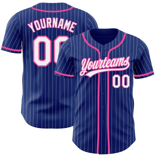 Maglia da baseball autentica personalizzata bianca e rosa a righe blu royal Maglia da baseball autentica personalizzata bianca e rosa a righe blu royal