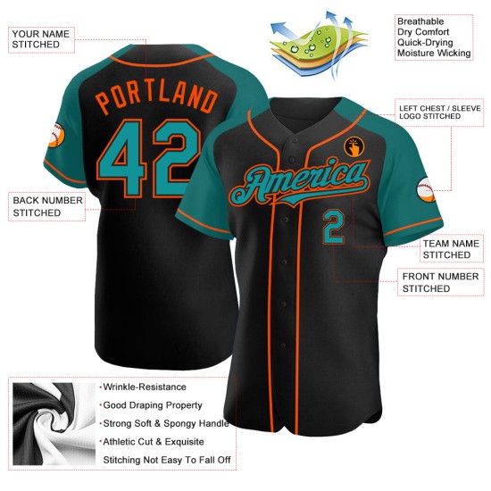 Maglia da baseball personalizzata autentica con maniche color verde acqua e arancio, raglan, nera Maglia da baseball personalizzata autentica con maniche color verde acqua e arancio, raglan, nera
