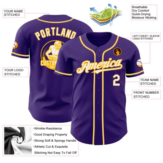 Maglia da baseball autentica viola personalizzata bianco-oro Maglia da baseball autentica viola personalizzata bianco-oro